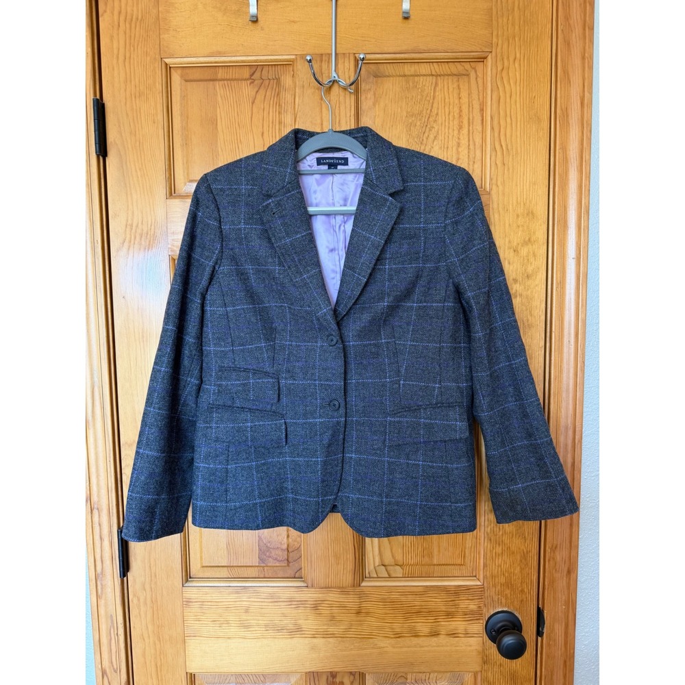 Lands End Womens 14P Gray Purple Windowpane Plaid 100% Wool Blazer Jacket